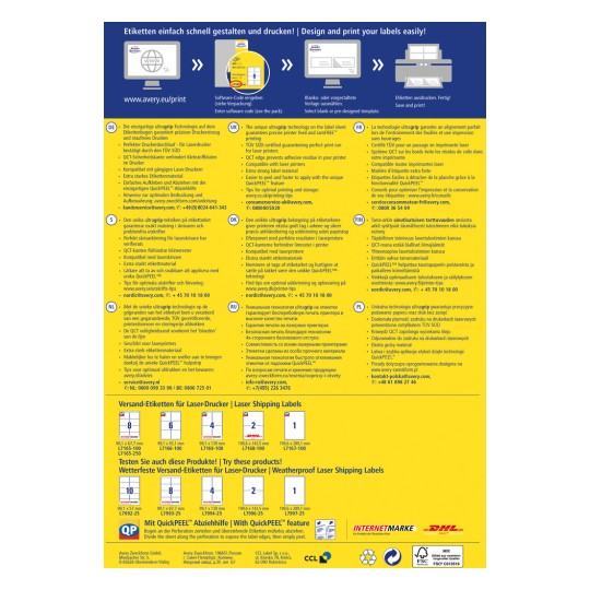 Slika je promocijsko gradivo za Averyjevo tehnologijo tiskanja etiket, ki vključuje več jezikov. Poudarja lastnosti in prednosti ultratag tehnologije za laserske tiskalnike ter vsebuje navodila za uporabo etiket QuickPEEL.