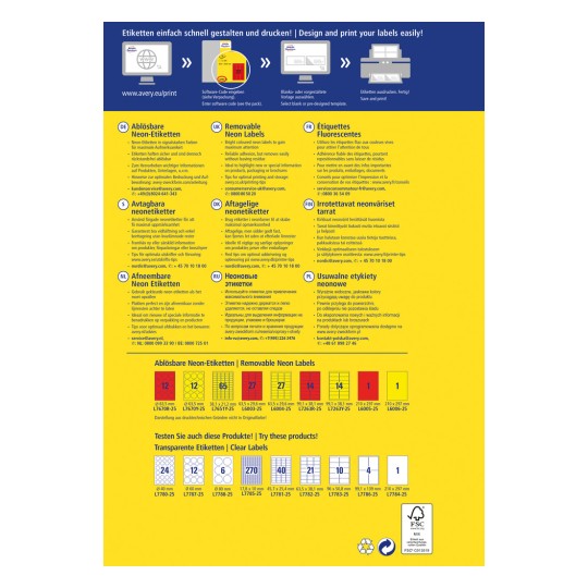 Slika prikazuje različne oznake in informacije o odstranljivih neon oznakah, vključno s specifikacijami velikosti, navodili za tiskanje in kontaktnimi podatki za podporo strankam v več jezikih.