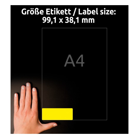 Slika prikazuje roko poleg postavitve nalepke, ki označuje velikost kot 99,1 x 38,1 mm, z obrisom papirja formata A4 v ozadju.