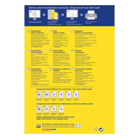 Slika je promocijski letak za Averyjeve prozorne naslovne nalepke, ki vsebuje navodila za tiskanje, specifikacije izdelka in podatke za podporo strankam v več jezikih. Vsebuje informacije o formatih nalepk za laserske in brizgalne tiskalnike ter poudarja funkcijo QuickPEEL za enostavno odstranjevanje nalepk.