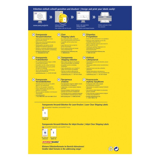 Slika prikazuje promocijski letak za Averyjeve prosojne nalepke za pošiljanje. Vključuje navodila v več jezikih in poudarja združljivost z laserskimi in brizgalnimi tiskalniki. Na voljo je več možnosti nalepk in predlog za enostavno oblikovanje in tiskanje.