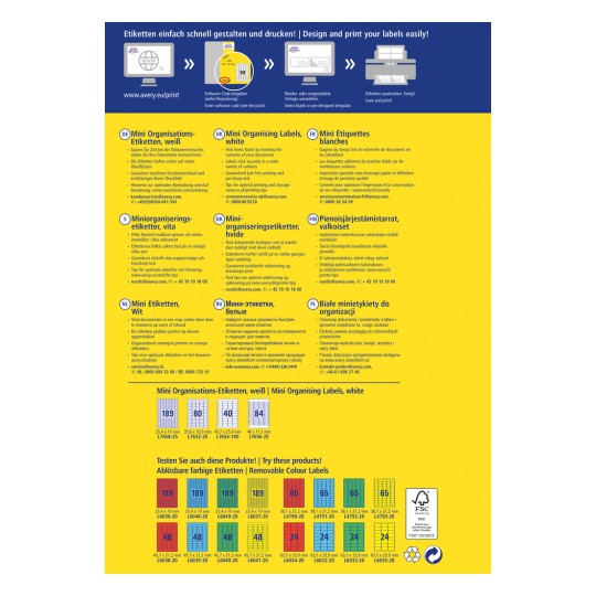 Informativna slika, ki promovira Avery Mini organizacijske etikete. Vključuje navodila v več jezikih o tem, kako hitro oblikovati in natisniti etikete. Slika prikazuje različne velikosti etiket in različne barve, poudarja pa njihove uporabe za organizacijo dokumentov.