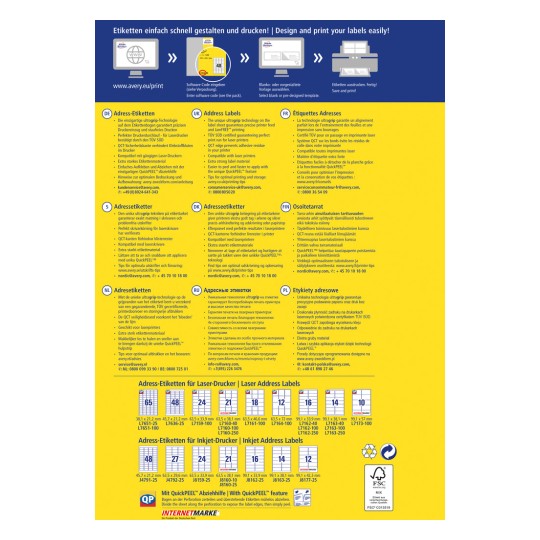 Slika vsebuje informacije o naslovnih etiketah, prikazuje različne tipe etiket, lastnosti in večjezična navodila za oblikovanje in tiskanje. Vključuje tudi diagram, ki demonstrira funkcijo Easy Peel.