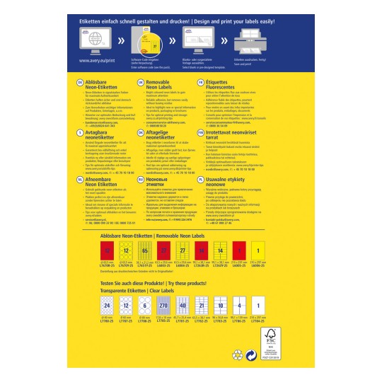Slika prikazuje promocijski letak za odstranljive neon nalepke, ki opisuje njihove lastnosti, velikosti in uporabo. Vključuje navodila v več jezikih in primere oblik nalepk.