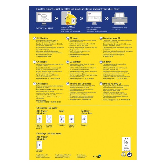 Ta slika je brošura ali informativni list o CD nalepkah, ki vsebuje besedilo in grafiko v več jezikih, opisuje izdelek ter navodila za tiskanje.