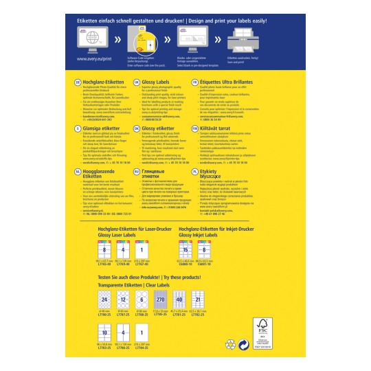 Ta slika je promocijski letak za Averyjeve sijajne nalepke, ki prikazuje različne nalepke za laserske in inkjet tiskalnike. Vključuje dimenzije izdelka, nasvete za tiskanje in kontaktne informacije za pomoč strankam v več jezikih.