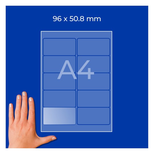 Diagram lista A4 s 96 × 50,8 mm pravokotnimi nalepkami v dveh stolpcih in roko v spodnjem levem kotu?