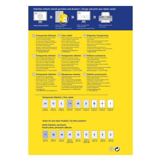 Slika je promocijska grafika za Avery nalepke, ki prikazuje različne vrste prozornih in transparentnih nalepk, z informacijami o njihovih značilnostih, navodilih za uporabo in kontaktnimi podatki v več jezikih.