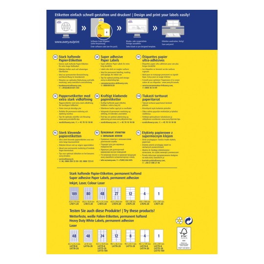 Slika prikazuje različne vrste samolepilnih papirnatih etiket z opisi v več jezikih. Vsebuje informacije o značilnostih etiket, navodila za tiskanje in priporočila za izdelke. Oblikovanje vključuje vizualni vodič za izbiro ustreznih etiket, ki so združljive z različnimi tehnikami tiskanja, kot sta brizgalno in lasersko tiskanje.