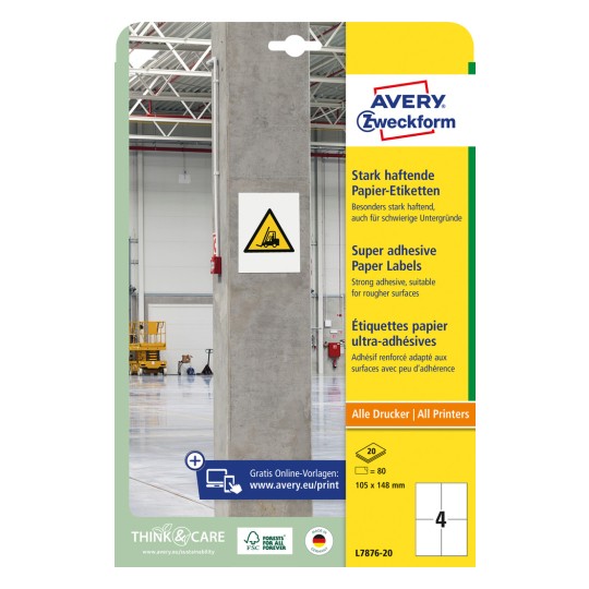 Slika na embalaži: Avery Zweckform Močno oprijemljivi papirnati etiketi, Artikel: L7876-20, Format: 105 x 148 mm, Primernost za tisk: Inkjet, Črno-beli laser, Barvni laser, Vsebina: 80 etiket / 20 listov, 4 etikete/list.