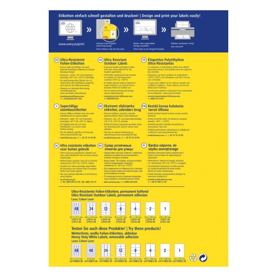 Slika prikazuje informativni list o izdelku za ultra odporne etikete, v katerem so opisane njihove značilnosti, uporaba in nasveti za tiskanje v več jezikih.