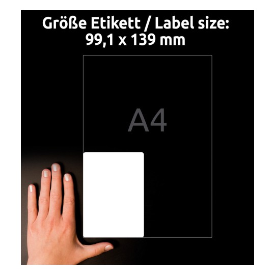 Slika prikazuje roko poleg oznake velikosti nalepke. Velikost nalepke je 99,1 x 139 mm, v ozadju pa je prikazana velikost papirja A4.