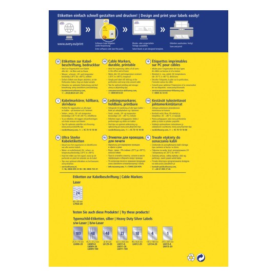 Slika vsebuje informacije o različnih vrstah označevalcev in etiket za kable. Vključuje opise izdelkov v več jezikih, poudarja njihovo vzdržljivost, odpornost na temperature in nasvete za uporabo pri organizaciji kablov v različnih okoljih. Prav tako je vključena sekcija, ki prikazuje specifične velikosti etiket in kode za naročanje.