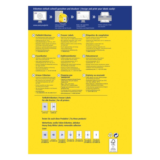 Slika je promocijski letak za Averyjeve etikete za zamrzovalnike, ki vsebuje podrobnosti o lastnostih, specifikacijah in jezikih za različne države. Vključuje navodila za oblikovanje in tiskanje, kontaktne informacije ter dimenzije izdelka.