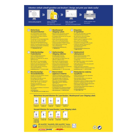 Slika prikazuje barvit informativni letak o vremensko obstojnih poštnih etiketah, vključno s podrobnostmi o materialu, možnostmi tiskanja in mednarodnimi prevodi. Vsebuje različne postavitve, dimenzije in povezavo do spletne strani za prilagoditve.