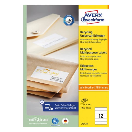 Embalažna slika: Avery Zweckform reciklirane univerzalne etikete, artikel: LR3424, format: 105 x 48 mm, primernost za tiskalnik: brizgalni, črno-beli laserski, laserski barvni, vsebina: 1.200 etiket / 100 listov, 12 etiket/list.