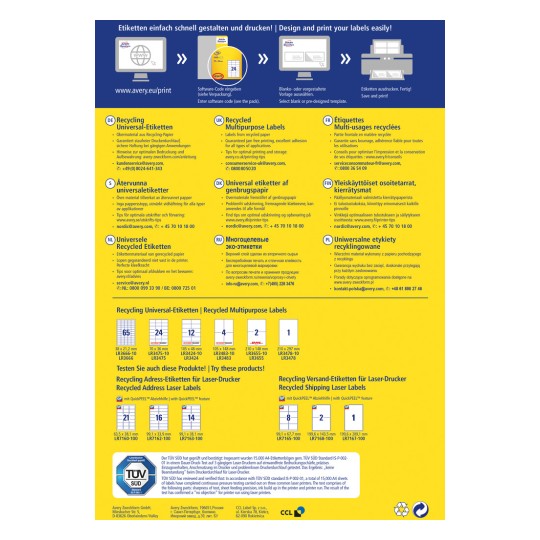 Slika prikazuje informacije o recikliranih etiketah in možnostih tiskanja iz podjetja Avery, vključno s specifikacijami, kontaktnimi podatki ter nasveti za uporabo v različnih jezikih.