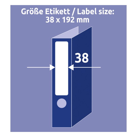 Slika prikazuje specifikacijo velikosti nalepke za mapo, ki navaja dimenzije 38 x 192 mm.