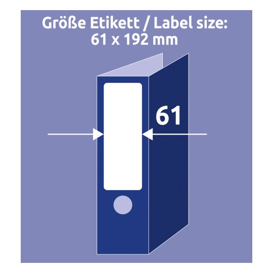 Slika prikazuje meritev velikosti nalepke za fascikel ali mapo, ki označuje dimenzije 61 x 192 mm.
