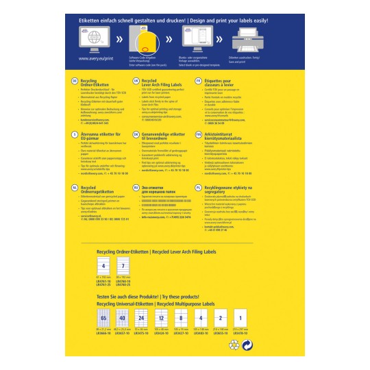 Ta slika prikazuje različne oznake za oblikovanje in tiskanje, izpostavlja možnosti recikliranja ter specifikacije v različnih jezikih.