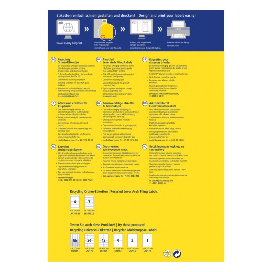 Slika je promocijska brošura za Averyjeve reciklirane nalepke za registratorje. Vključuje opise nalepk, prednosti uporabe recikliranih materialov ter različne jezike, vključno z nemščino, angleščino, francoščino, finščino, ruščino in poljščino. Prav tako so navedeni kontaktni podatki in smernice za oblikovanje in tiskanje nalepk.