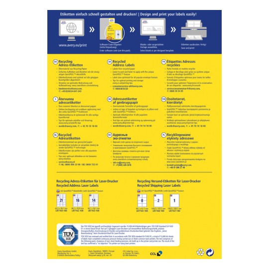 Slika je večjezični vodič, povezan z recikliranjem naslovnih etiket, vključno z navodili za uporabo etiket iz recikliranega papirja z različnimi lastnostmi, kot je QuickPEEL. Ponuja informacije v več jezikih, kot so nemščina, angleščina, danščina in francoščina, poleg specifikacij izdelka.