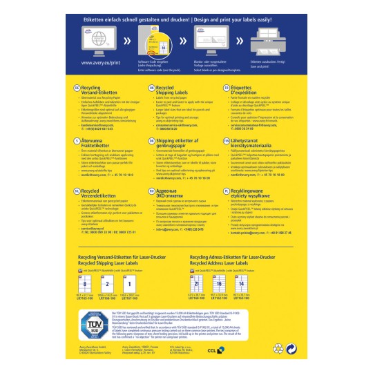 Ta slika vsebuje informacije o recikliranih poštnih nalepkah, vključno z večjezičnimi navodili za oblikovanje, tisk in uporabo. Poudarja funkcijo QuickPEEL™, optimalne nasvete za tiskanje in različne velikosti nalepk, skupaj s kontaktnimi podatki za pomoč.
