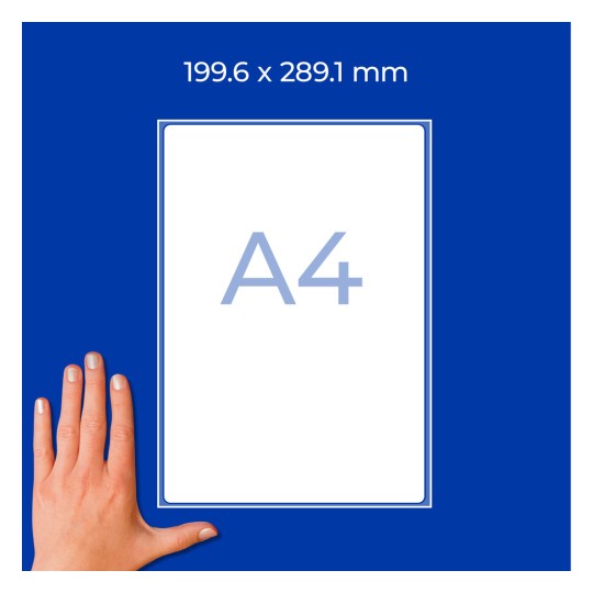 Roka ob beli maketi papirja formata A4 na modrem ozadju z besedilom dimenzij?