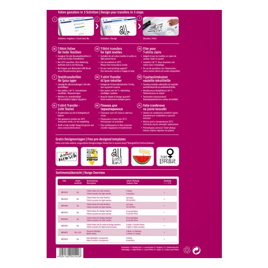 Slika vsebuje vodnik za oblikovanje prenosa na majice s koraki, ki so navedeni za vstavljanje, oblikovanje in tiskanje. Vključuje večjezična navodila, podrobnosti o izdelku, primere predlog in informacije o embalaži za različne možnosti prenosa na majice.