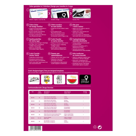Slika vsebuje vodnik o oblikovanju in tiskanju nalepk za majice, ki nudi navodila v več jezikih ter opisuje različne izdelke in njihove specifikacije za tekstil.