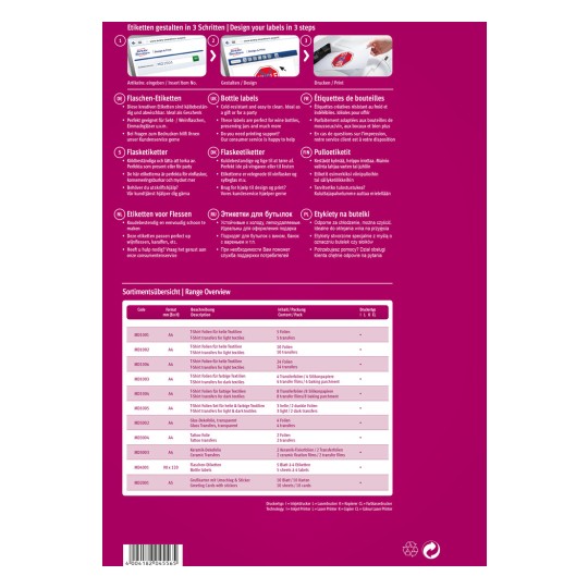 Slika predstavlja možnosti oblikovanja etiket in tiskanja, vključno z različnimi vrstami etiket za steklenice in tekstil, z navodili v več jezikih. Navedeni so produktni kodi, formati, opisi, vsebina in podrobnosti embalaže. Postavitev je barvita in organizirana, da ponudi jasen pregled razpoložljivih izdelkov.