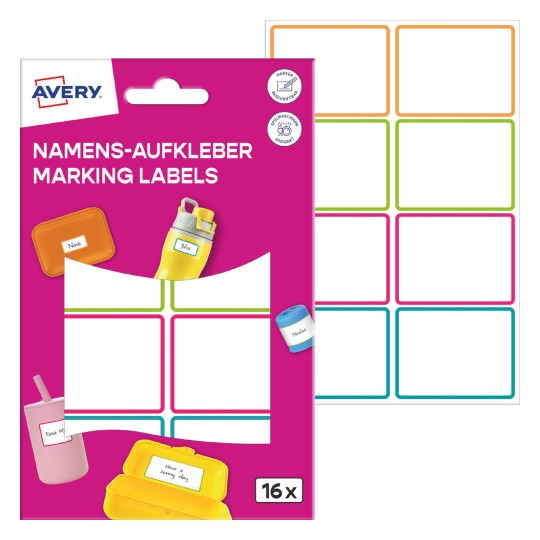 Slika pakiranja z listom etiket: Avery imenske etikete, Artikel: NAME16C, Format: 34 x 48 mm, Vsebina: 16 etiket / 2 lista, 8 etiket/list?