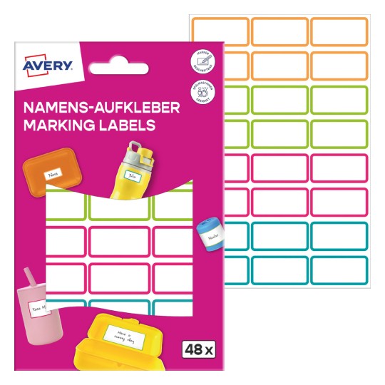 Paketna slika z etiketnim listom: Avery imenske etikete, artikel: NAME48C, format: 15 x 32 mm, vsebina: 48 etiket / 2 lista, 24 etiket/list?