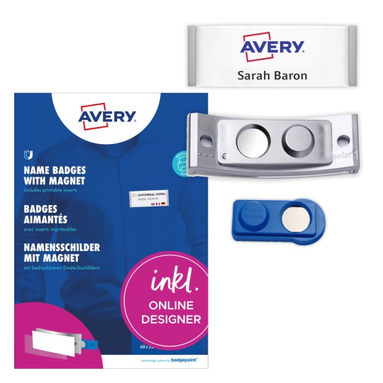 Slika pakiranja z nalepkami: Avery Zweckform, Artikel: POL20MA66-10DR, Magnetne identifikacijske značke, Format: 68 x 22 mm, Združljivost s tiskalniki: barvni laserski, črno-beli laserski, inkjet, Vsebina: 10 značk / 48 vstavljivih značk / 2 lista, 24 kartic/ploščo.