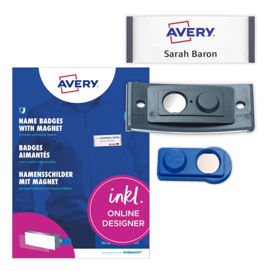 Slika pakiranja z nalepkami: Avery Zweckform, izdelek: POL30MA02-5DR, magnetne imenske značke, format: 70 x 30 mm, primernost za tiskanje: barvni laser, črno-beli laser, inkjet, vsebina: 5 značk / 18 vstavljivih značk / 1 list, 18 kartic/list?