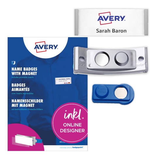 Slika pakiranja z listom nalepk: Avery Zweckform, izdelek: POL30MA66-5DR, magnetne značke z imeni, format: 70 x 30 mm, primerne za tisk: barvni laserski tiskalnik, črno-beli laserski tiskalnik, inkjet tiskalnik, vsebina: 5 značk / 18 vstavljivih oznak / 1 list, 18 kart / list?