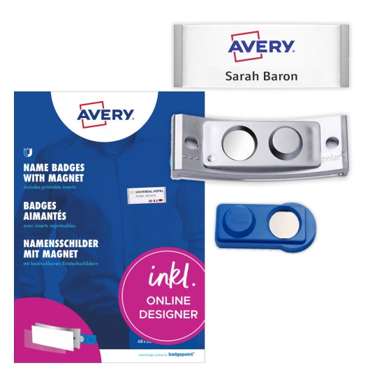 Embalaža z listom nalepk: Avery Zweckform, izdelek: POL35MA66-10DR, magnetne imenske tablice, format: 80 x 34 mm, primernost za tiskanje: barvni laser, črno-beli laser, inkjet, vsebina: 10 tablic / 32 vstavljivih tablic / 2 lista, 16 kart/list?
