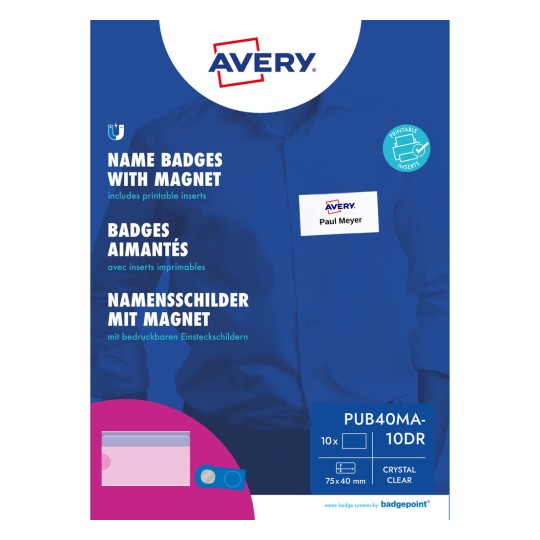 Embalaža Avery, ki prikazuje magnetne imenske značke na modri srajci z vzorčno značko?