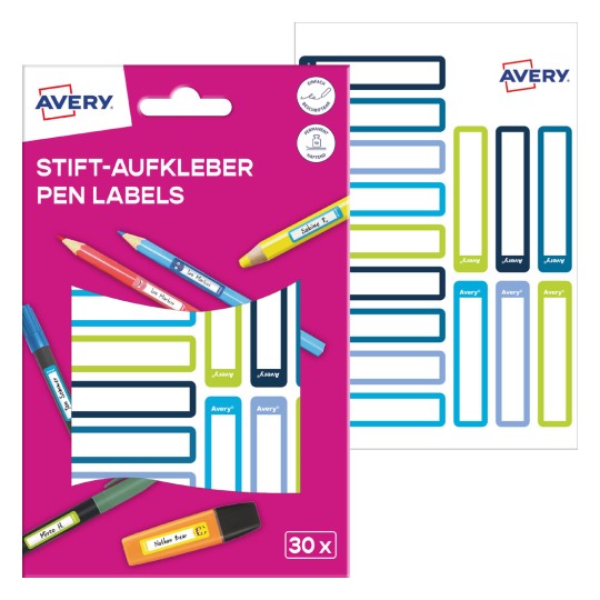 Slika pakiranja z listom etiket: Avery etikete za označevanje pisal, izdelek: RESMI30G, format: 10 x 50 mm, vsebina: 30 etiket / 2 lista, 15 etiket/list.