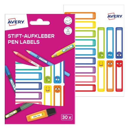 Slika pakiranja z etiketnim listom: Avery etikete za označevanje pisal, Artikel: RESMI30S, Format: 10 x 50 mm, Vsebina: 30 etiket / 2 lista, 15 etiket/list.