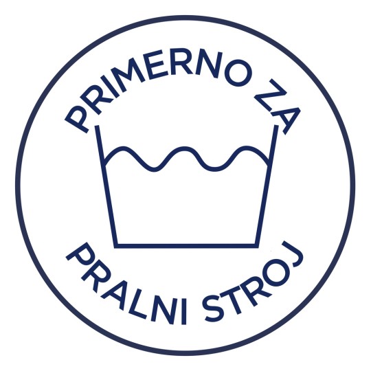 Slika prikazuje simbol, ki označuje primernost za uporabo v pralnem stroju, z besedami 'primerno za pralni stroj' okoli njega.