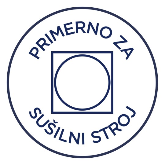 Slika prikazuje okrogel logotip z napisom 'Primerno za sušilni stroj'. Sestavljen je iz kvadratne in okrogle oblike znotraj.