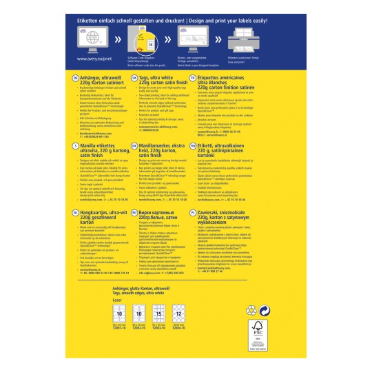 Slika vsebuje večjezični seznam etiket in oznak, ki jih je izdelal Avery, vključno s specifikacijami, kot so velikost, material in nasveti za tiskanje. Vključuje razdelke v nemščini, angleščini, francoščini, danščini, finščini, nizozemščini, ruščini in poljščini.