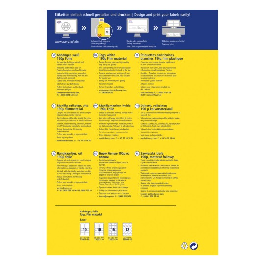 Slika prikazuje različne nalepke in oznake izdelkov podjetja Avery, vključno z opisi in specifikacijami v različnih jezikih. Izpostavlja lastnosti, kot so visoka kakovost, možnosti tiskanja in materialne specifikacije.