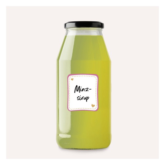 Steklenica z metinim sirupom z etiketo, na kateri piše 'Minz-sirup'. Sirup ima zelenkast odtenek.