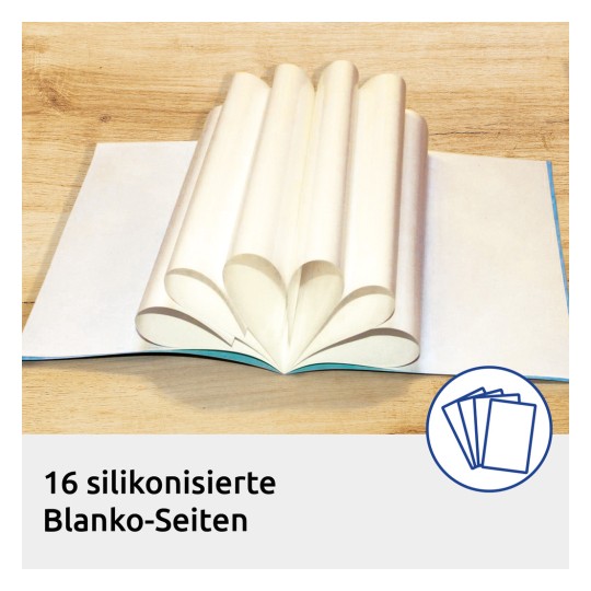 Slika prikazuje odprto knjigo z edinstvenimi stranmi v obliki srca, ki prikazuje 16 s silikonom prevlečenih praznih strani, ob tem pa je prikazana ikona zloženega papirja.