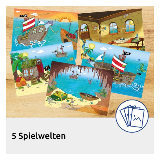 Slika prikazuje pet barvitih ilustracij s piratskimi motivi, vključno z ladjami, skrinjo z zakladom in tropskimi okolji s palmami in morskimi bitji.