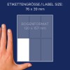 Slika prikazuje velikost nalepke 76 x 39 mm ob roki za prikaz merila. Vključuje tudi postavitev z oznako 120 x 157 mm.