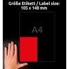 Slika prikazuje roko poleg rdečega pravokotnika z oznako A4, ki označuje velikost nalepke 105 x 148 mm na črnem ozadju.