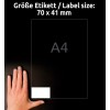 Slika prikazuje roko poleg etikete, ki označuje njeno velikost 70 x 41 mm, z napisom 'A4' in 'Größe Etikett / Label size:' napisanima v krepkem besedilu na temnem ozadju.